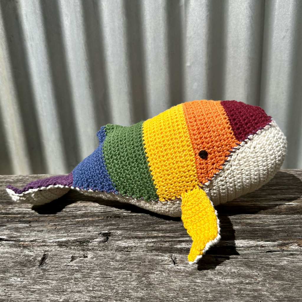 Handmade Australian  Rainbow  Pride Whale baby toy from Asiki eco store, Sydney, Australia