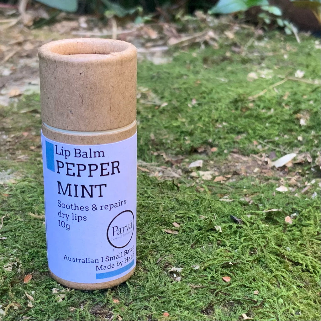 A photo of a little cardboard tube of Peppermint Natural Lip Balm by Kirsty Mootz of Parva Little Things organic skincare. Available at Asiki.
