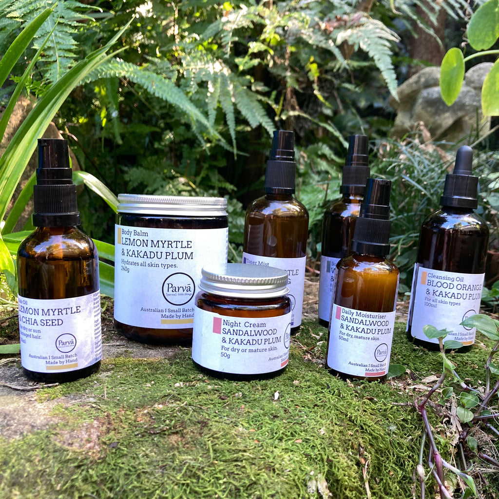 A selection of the Parva natural skincare range in a tropical setting. Available from Asiki. 