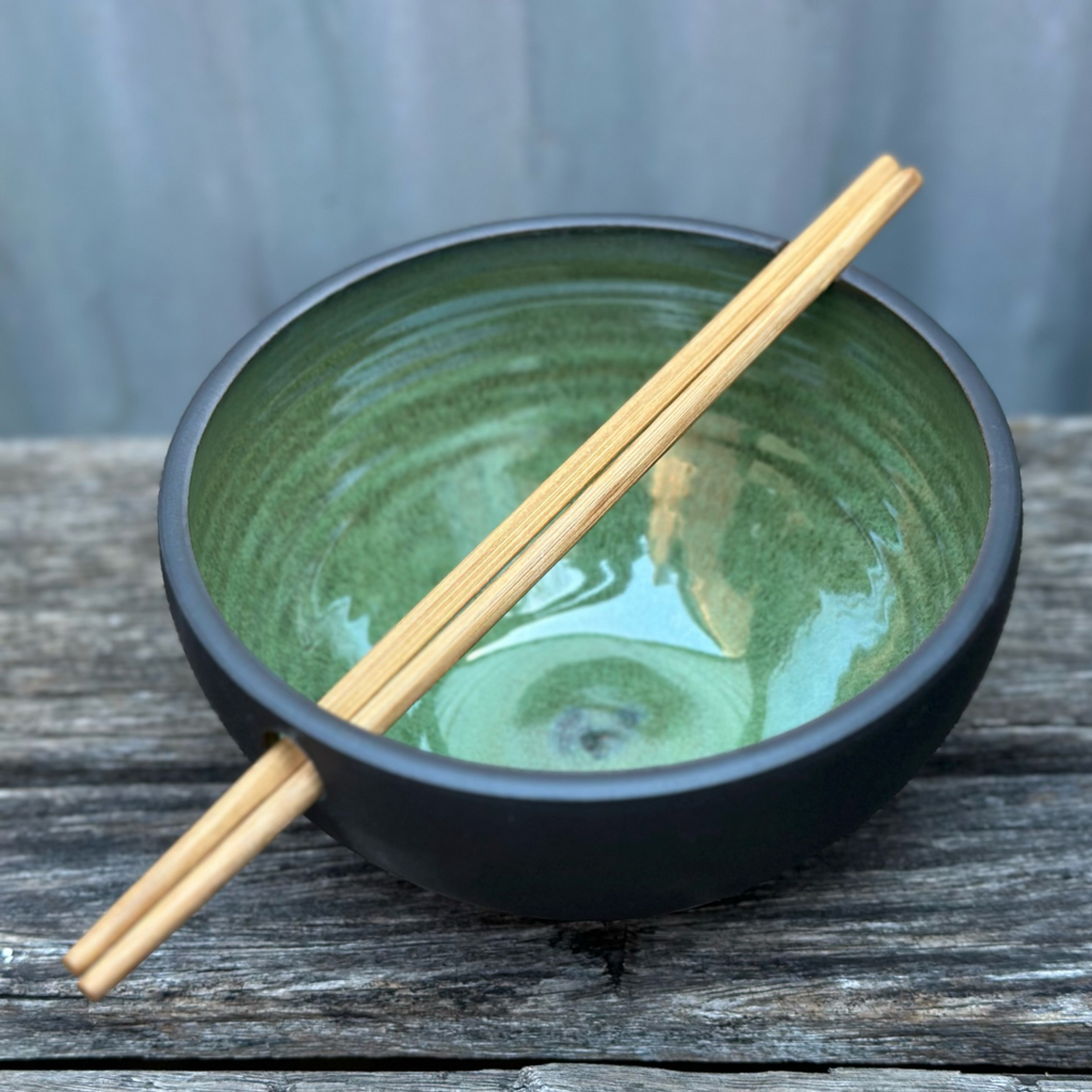 noodle bowl black ceramic with green glaze handmade in Sydney 