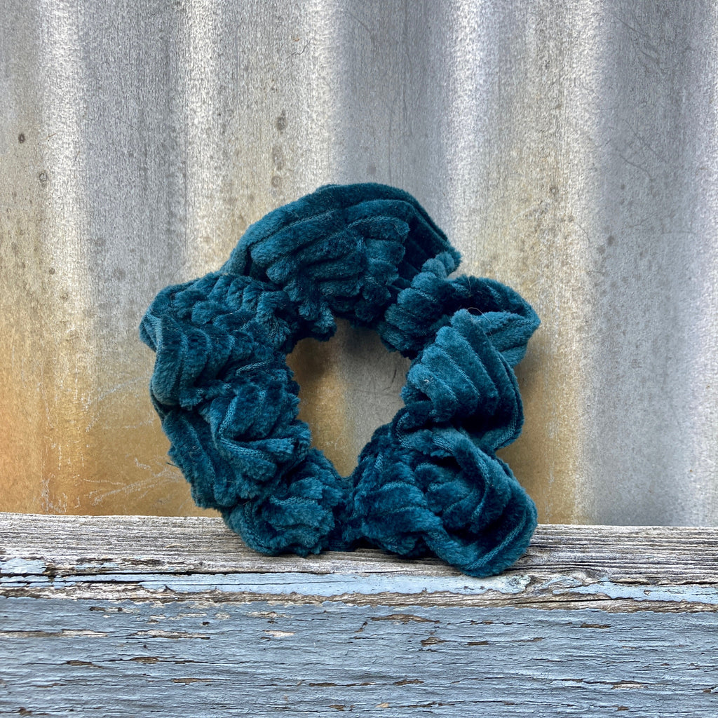 Teal Green, plastic free, Corduroy Hair Scrunchie. Made in Australia by Asiki eco store, Erskineville, Sydney.