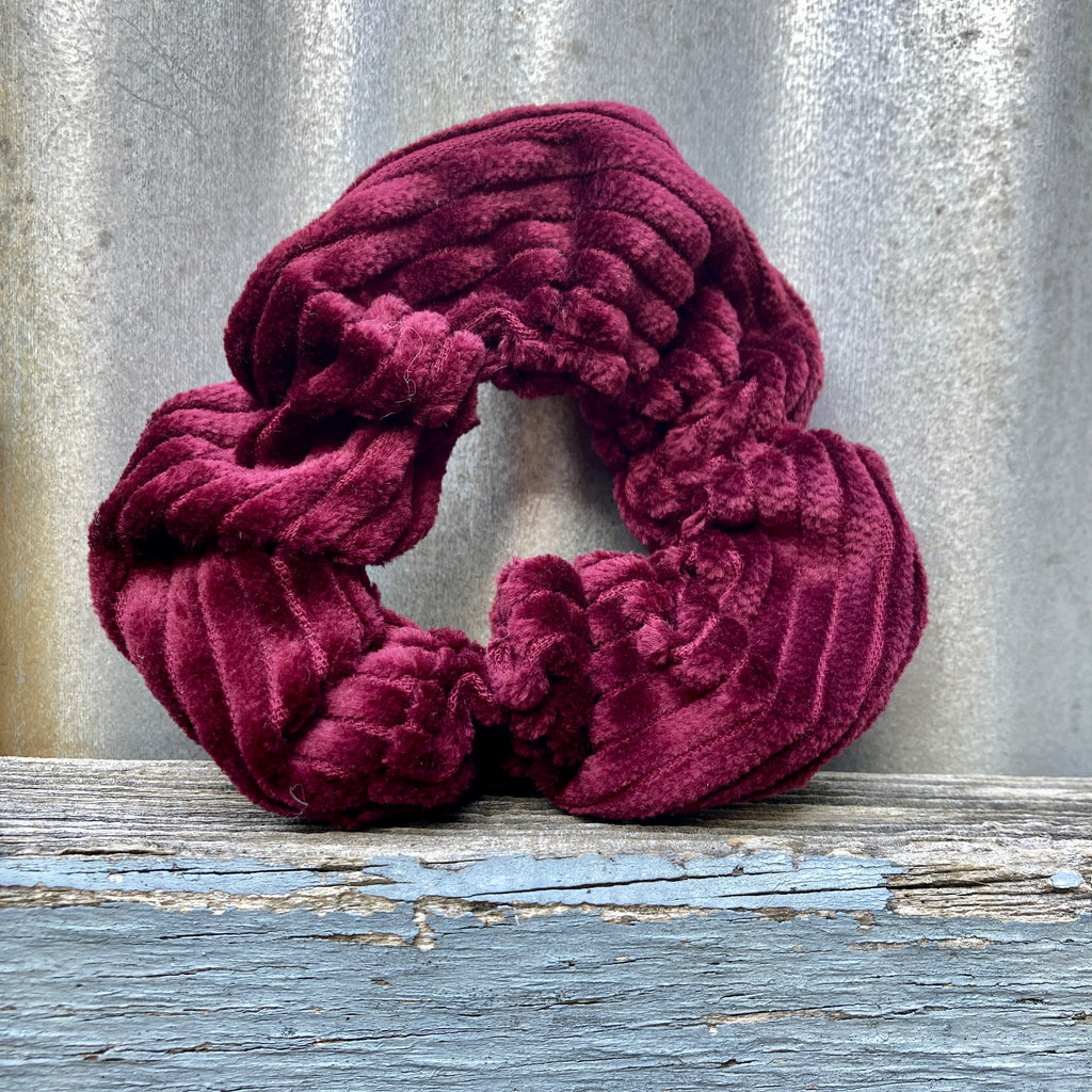 Burgundy Red, plastic free, Corduroy Hair Scrunchie. Made in Australia by Asiki eco store, Erskineville, Sydney.