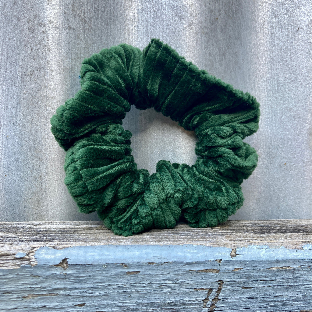 Dark green Corduroy Hair Scrunchie with plastic free elastic made by Asiki eco store, Erskineville, Sydney, Australia.