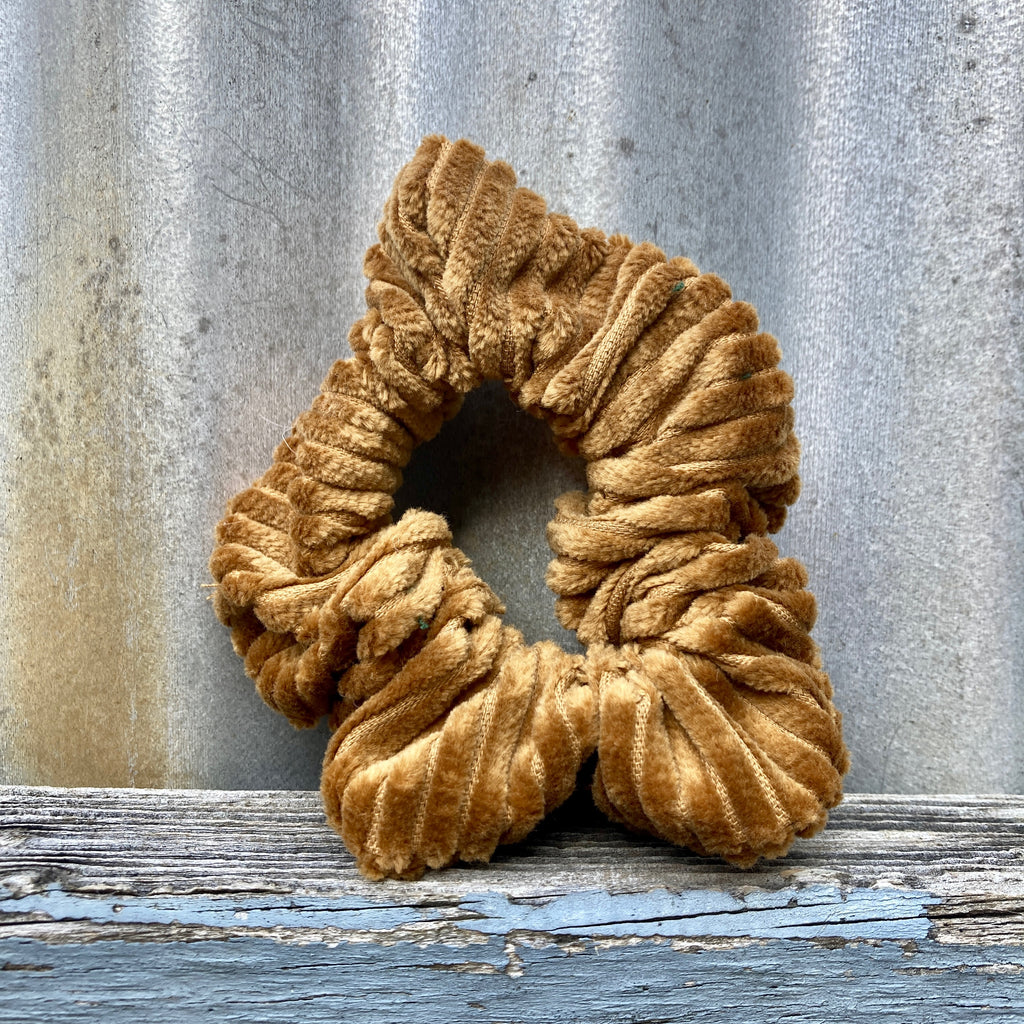 Photo of Golden Brown, Corduroy Hair Scrunchie with plastic free elastic. Made in Australia by Asiki eco store, Erskineville, Sydney. 