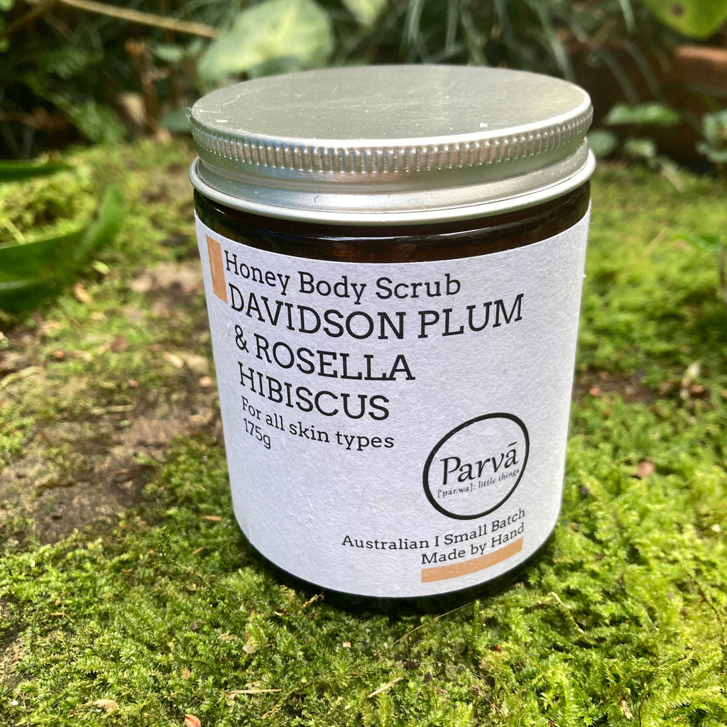 Parva Little Things Organic, Natural Skincare. This jar contains Honey Body Scrub with Davidson Plum & Rosella Hibiscus. Available from Asiki. 