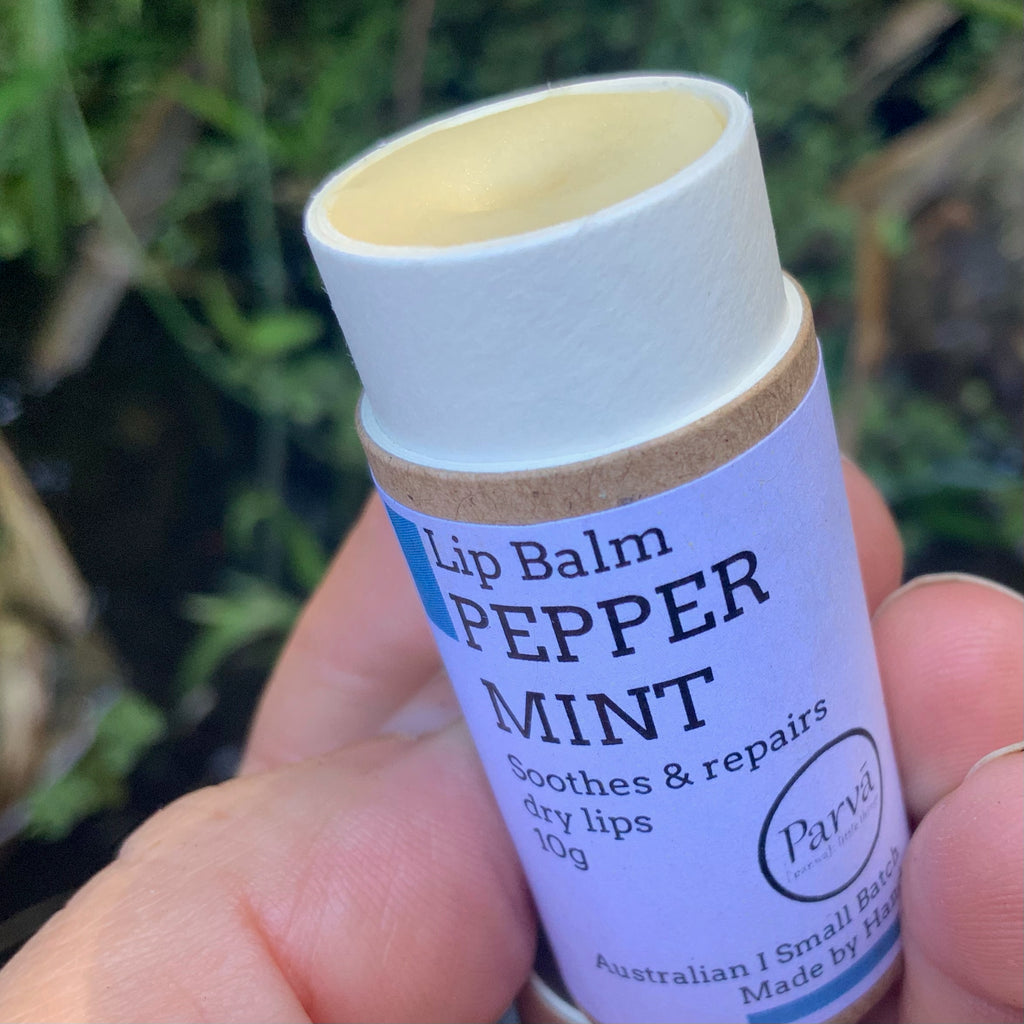 A photo of an open little cardboard tube of Peppermint Natural Lip Balm by Kirsty Mootz of Parva Little Things organic skincare. Available at Asiki.